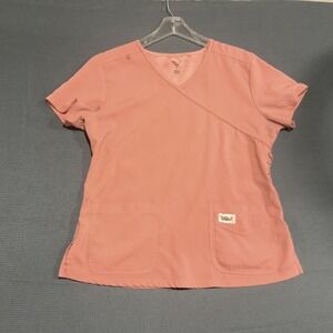 Healing Hands Purple Label Coral Pink Mock Wrap Scrub Top Womens Large V-Neck